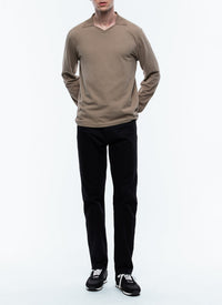 Long-sleeved V-neck polo shirt - Taupe