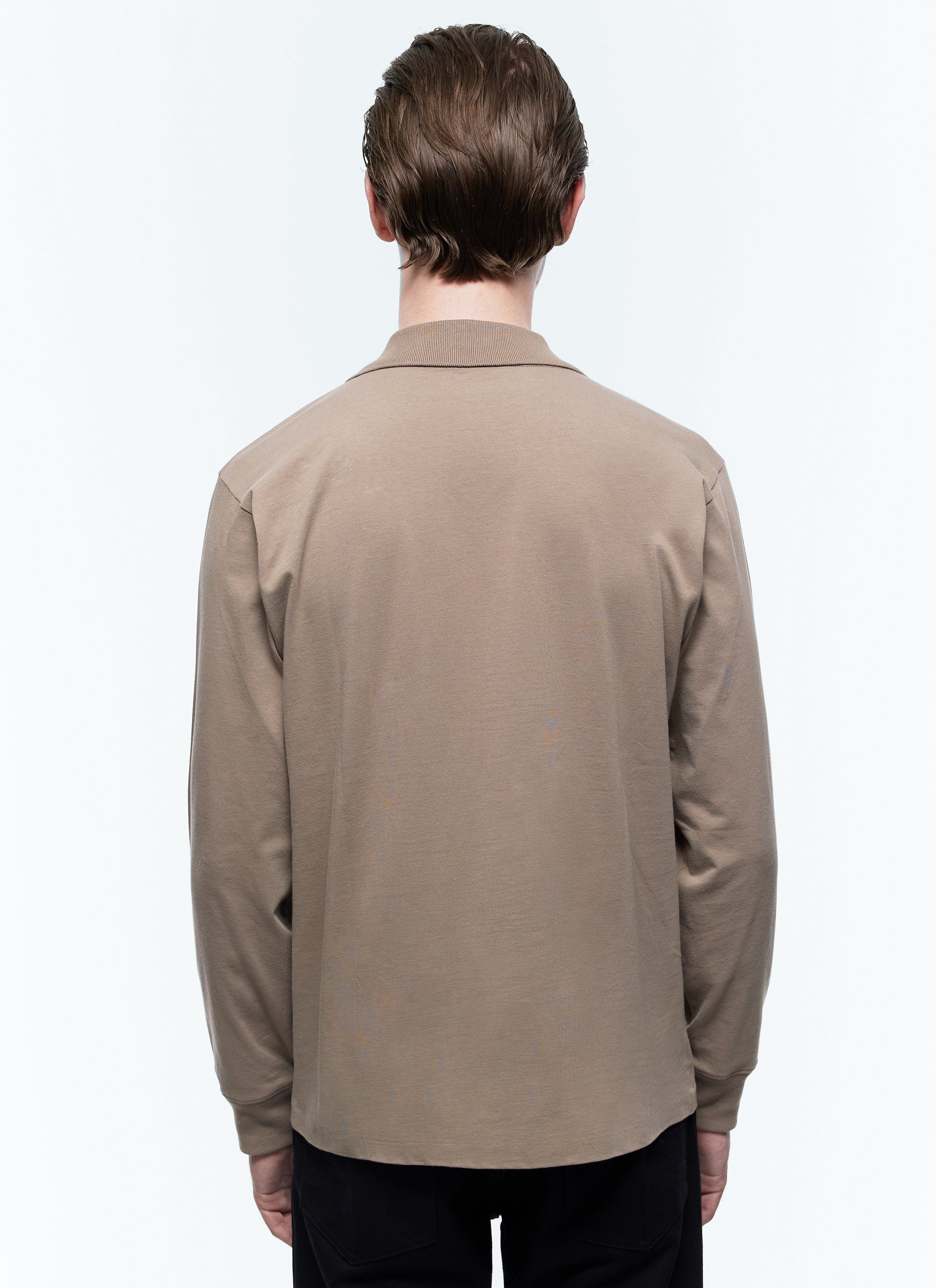 Long-sleeved V-neck polo shirt - Taupe