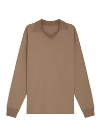 Long-sleeved V-neck cotton polo shirt - Taupe