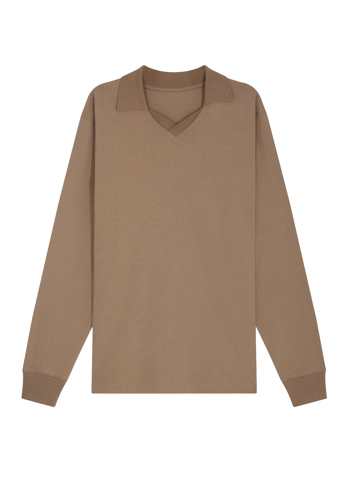 Long-sleeved V-neck cotton polo shirt - Taupe