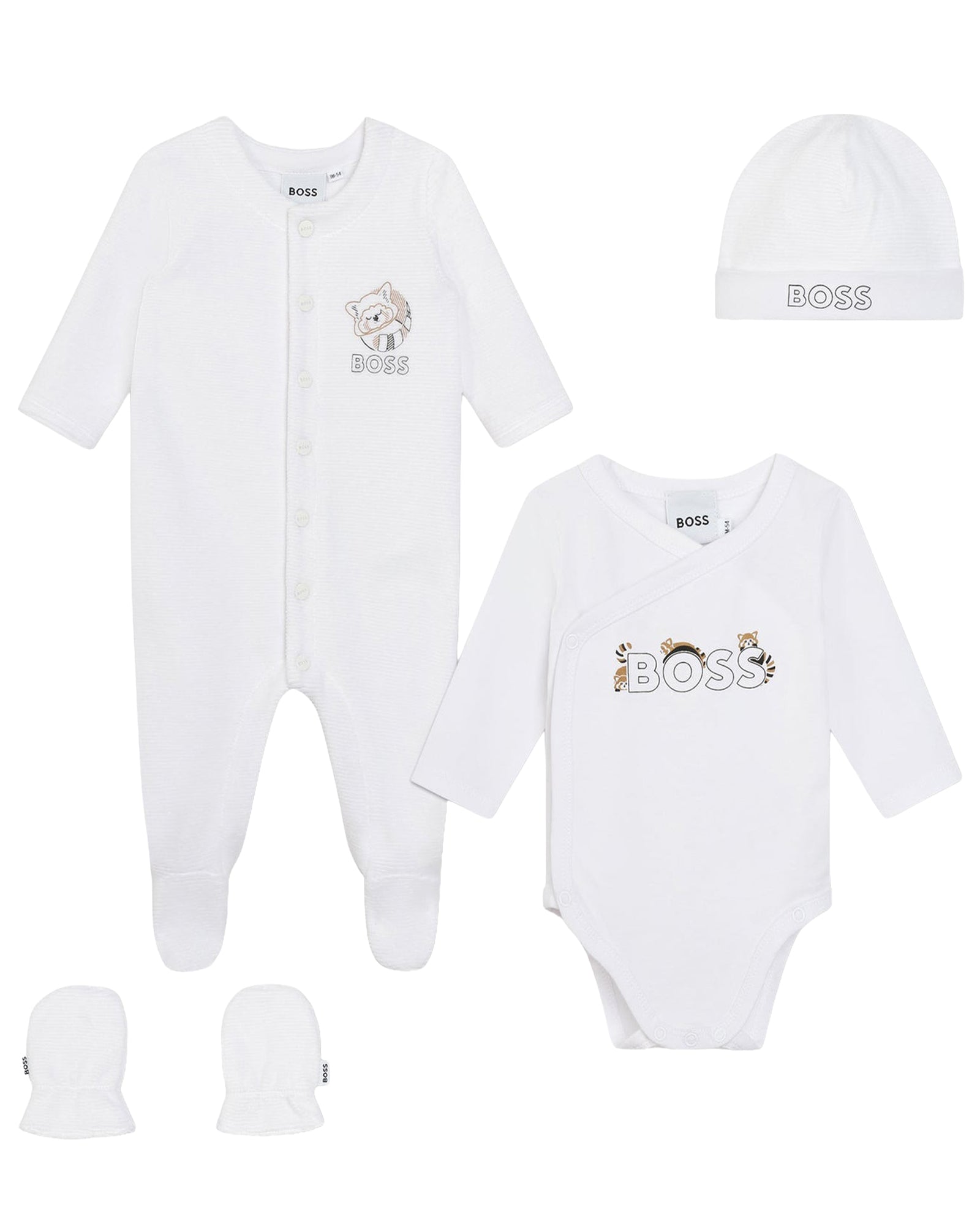 Ensemble pyjama body bonnet et moufles en coton - Blanc