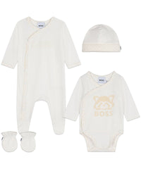 Cotton pyjama set, bodysuit, hat and mittens - Off White
