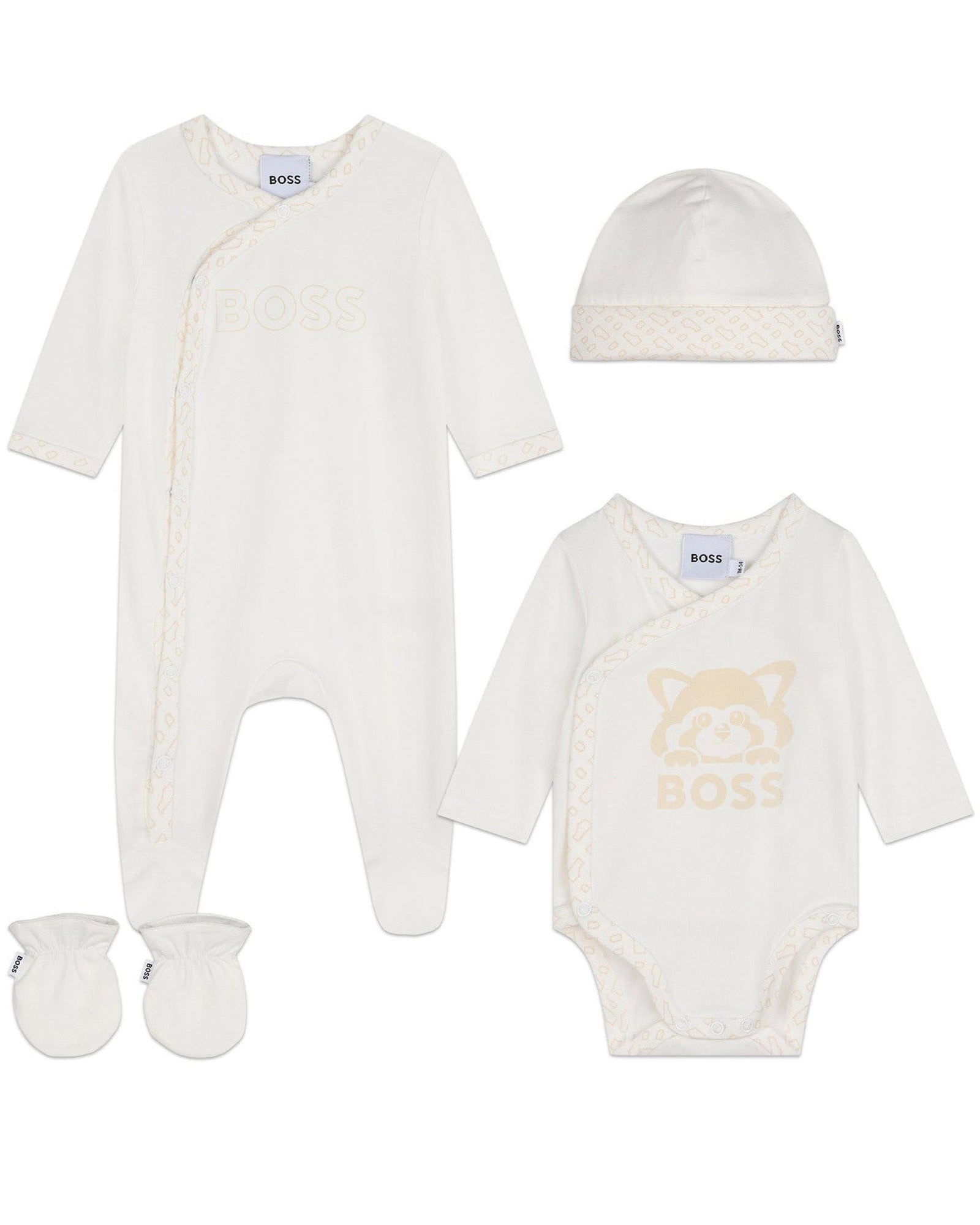 Cotton pyjama set, bodysuit, hat and mittens - Off White