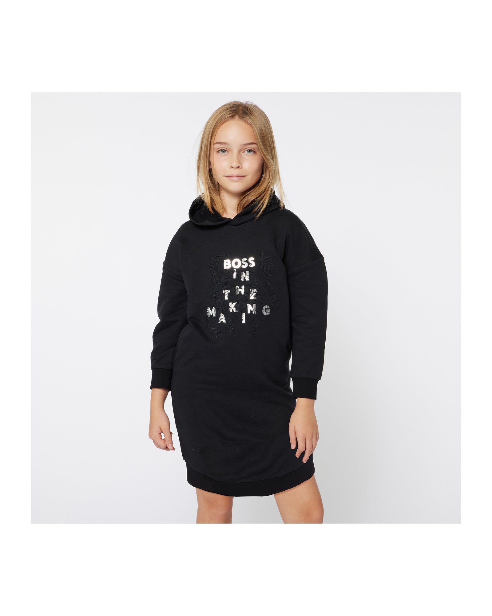 Hooded dress with cotton braids - Black