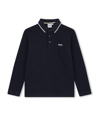 Polo à manches longues col contrasté en coton - Bleu Cargo