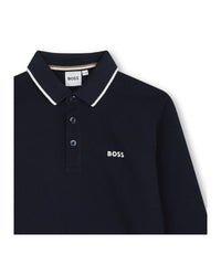 Polo à manches longues col contrasté en coton - Bleu Cargo
