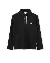 Long-sleeved cotton striped polo shirt - Black