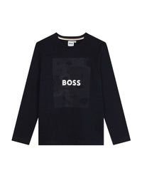 Long-sleeved cotton T-shirt with prints - Cargo Blue