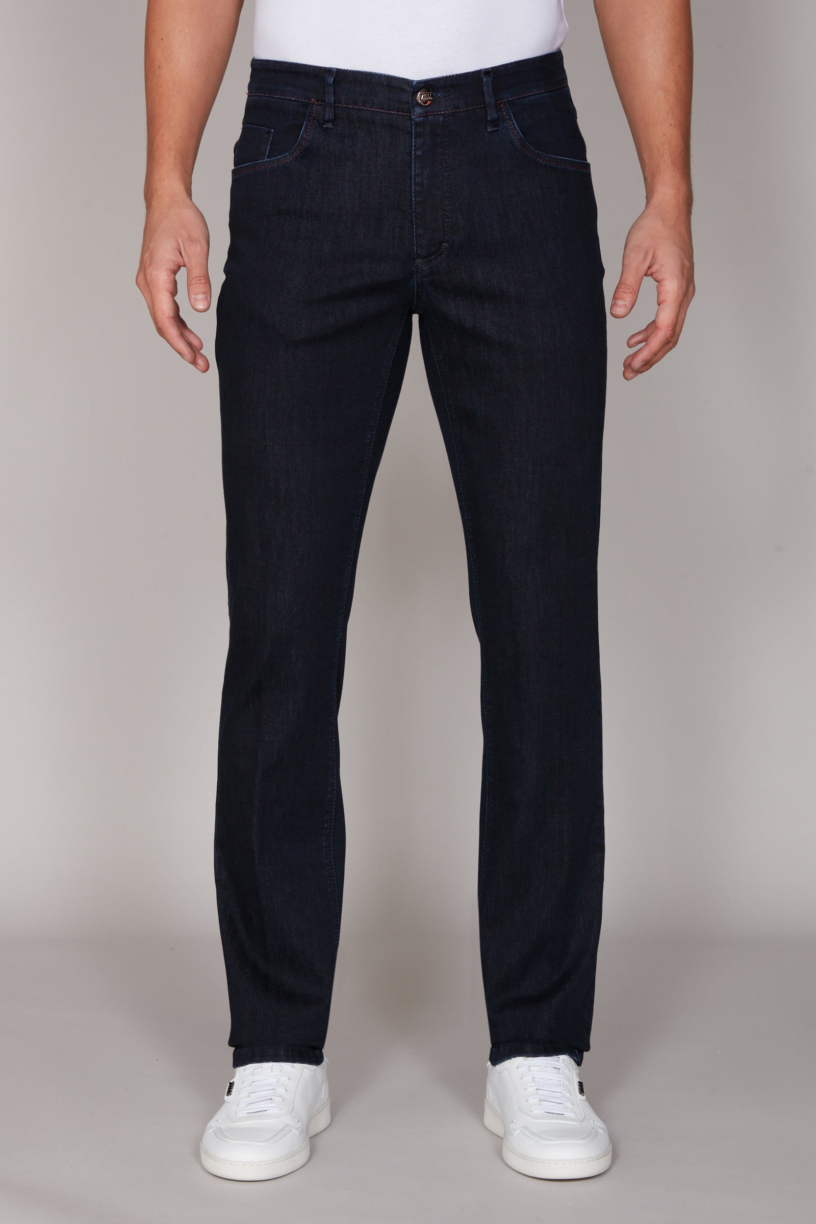 Jean surpiqûres cuir mélangé - Bleu & Marron
