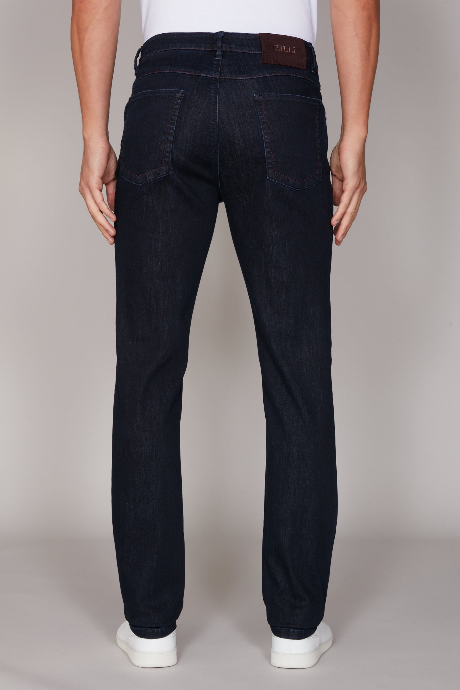 Jean surpiqûres cuir mélangé - Bleu & Marron