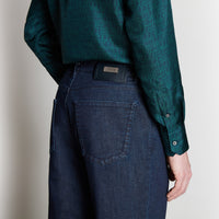 Jean à surpiqûres et empiècement cuir - Noir