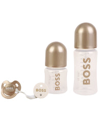 Set of 2 branded feeding bottles and teat clip - Gold