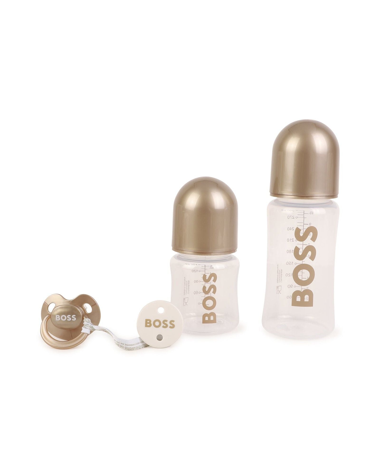 Coffret 2 biberons siglés et attache tétine - Dore