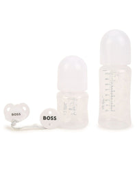 Set of 2 branded feeding bottles and teat clip - White