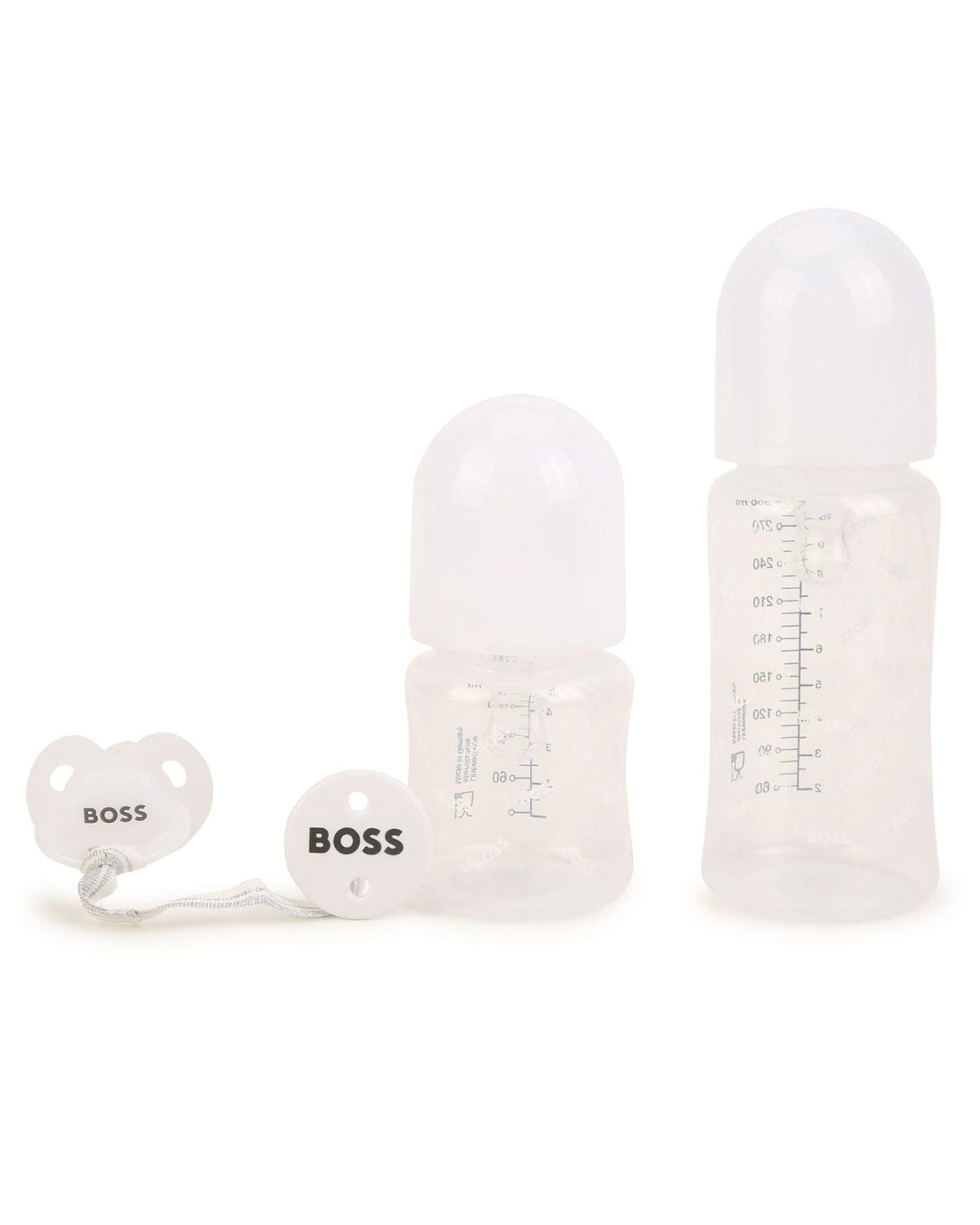 Set of 2 branded feeding bottles and teat clip - White