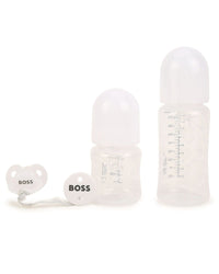 Coffret de 2 biberons siglés et attache tétine - Blanc
