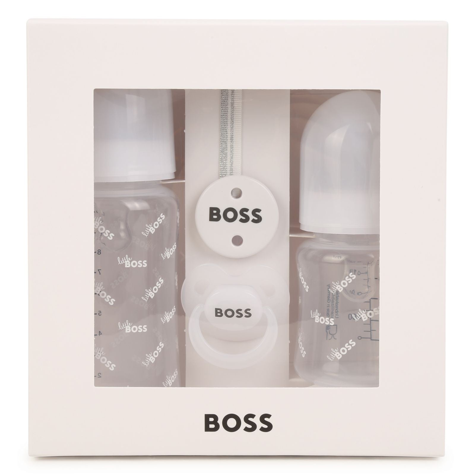 Coffret de 2 biberons siglés et attache tétine - Blanc