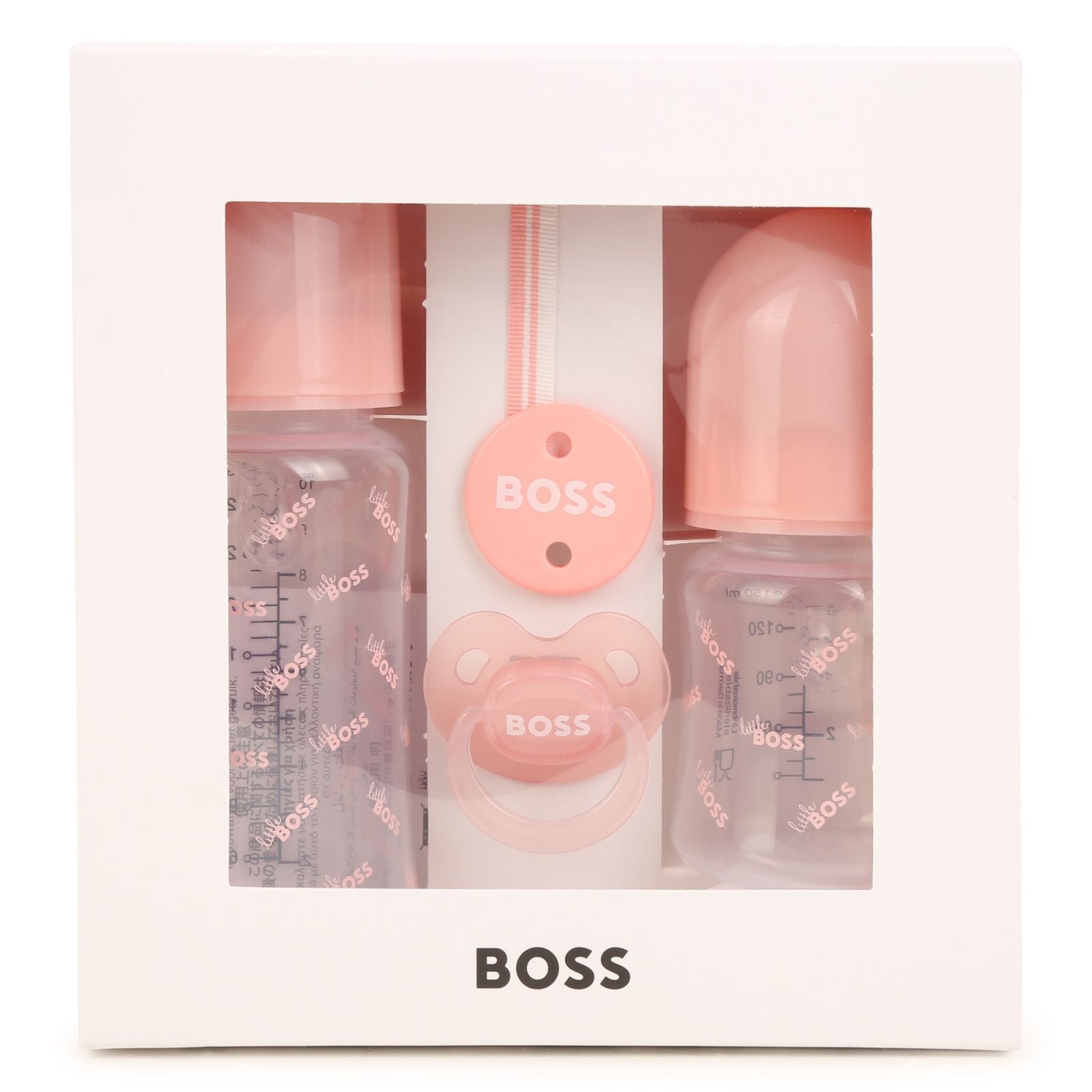 Coffret de 2 biberons siglés et attache tétine - pink
