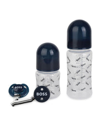Coffret de 2 biberons siglés et attache tétine - Bleu cargo
