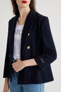 Veste croisée à boutons en laine et cachemire - Bleu Marine