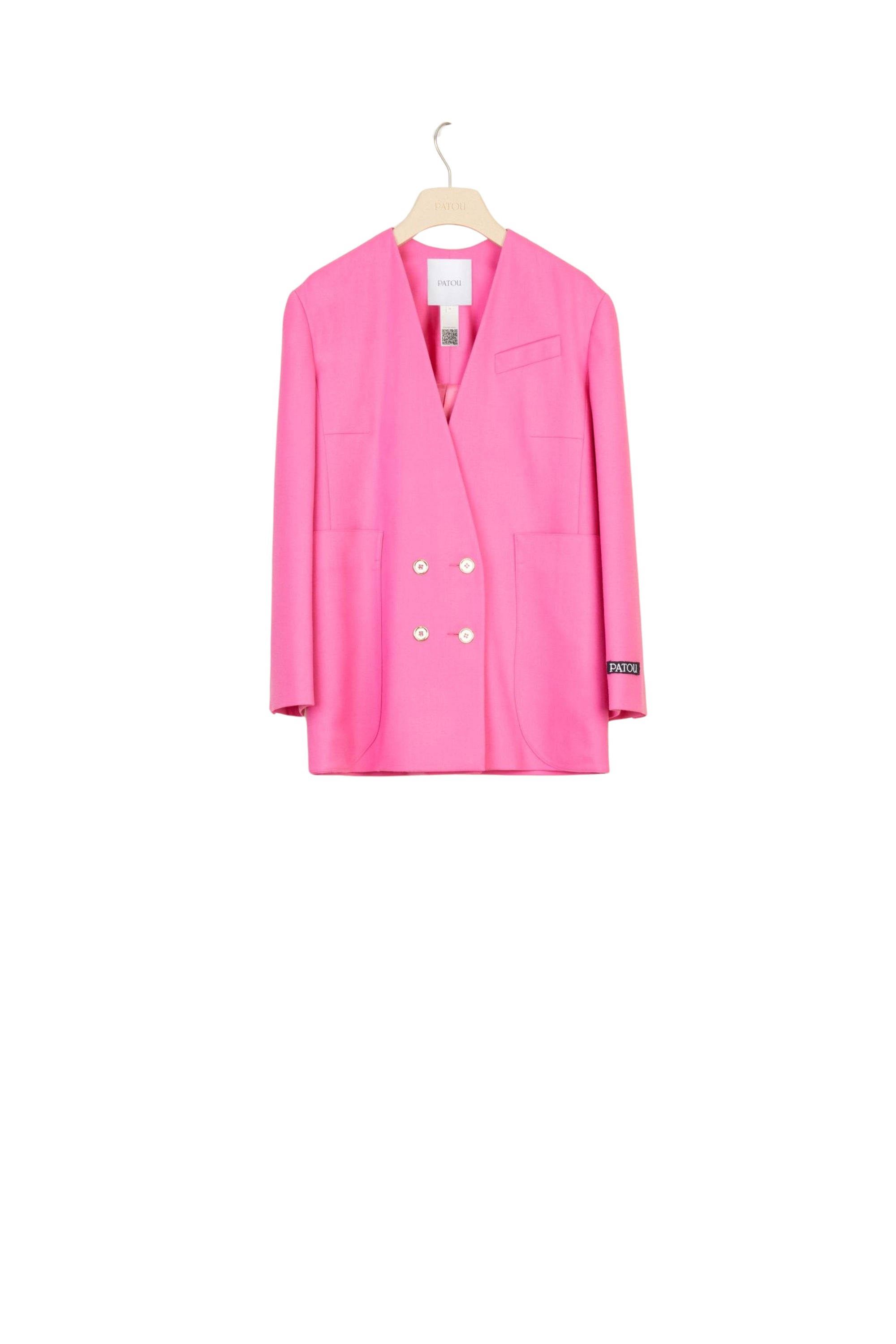 Wool double-breasted jacket without lapels - Raspberry