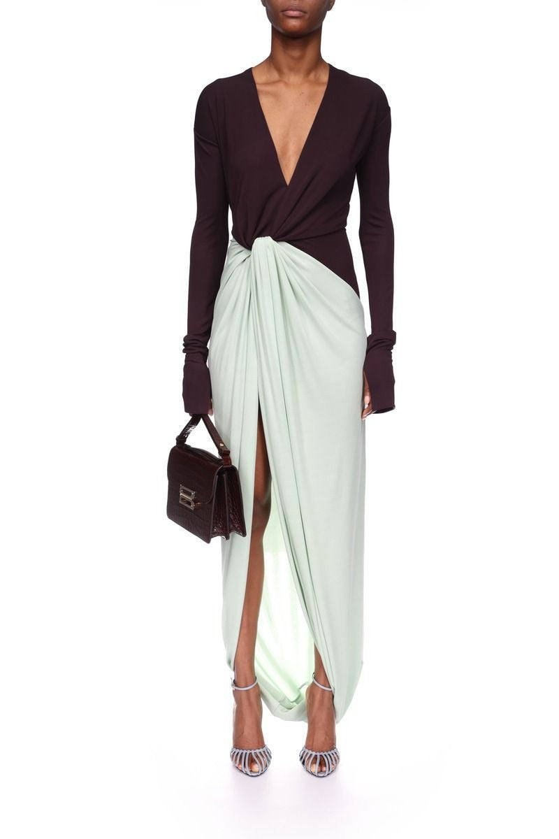 Long Sleeve Knot Detail Jersey Gown - Ebony / Jade