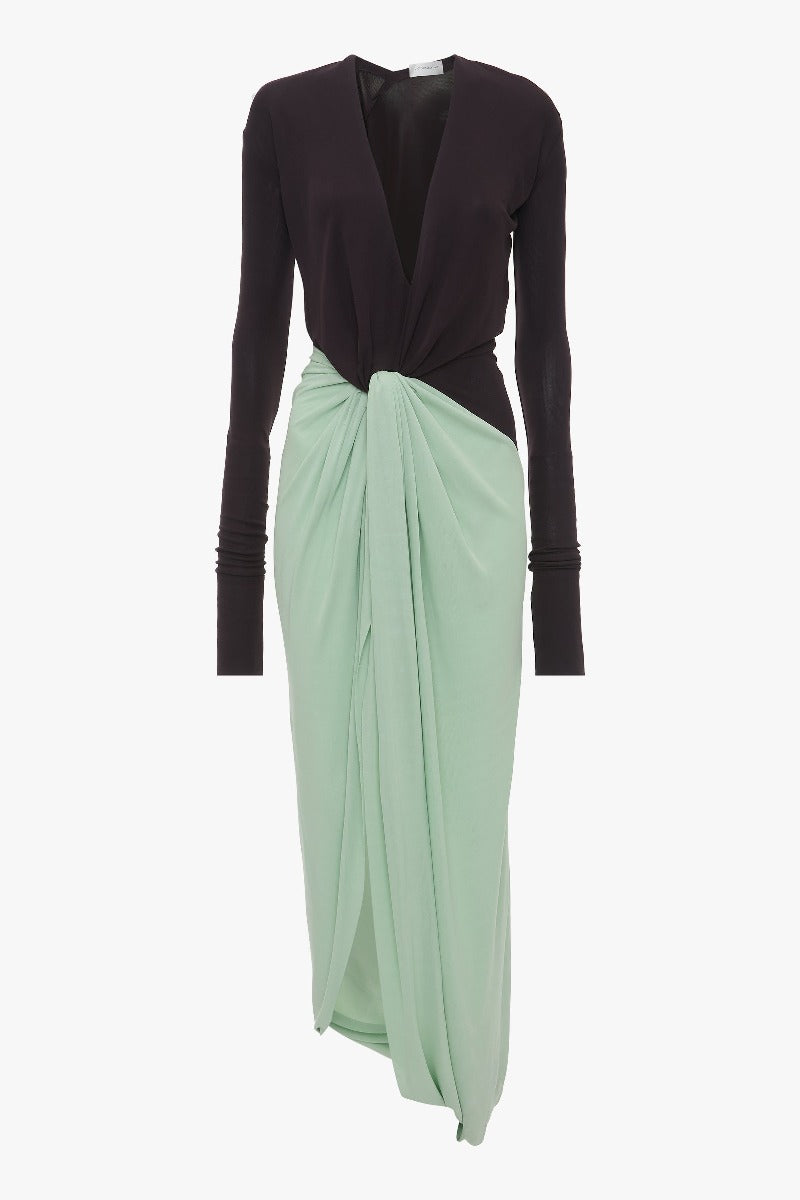 Long Sleeve Knot Detail Jersey Gown - Ebony / Jade