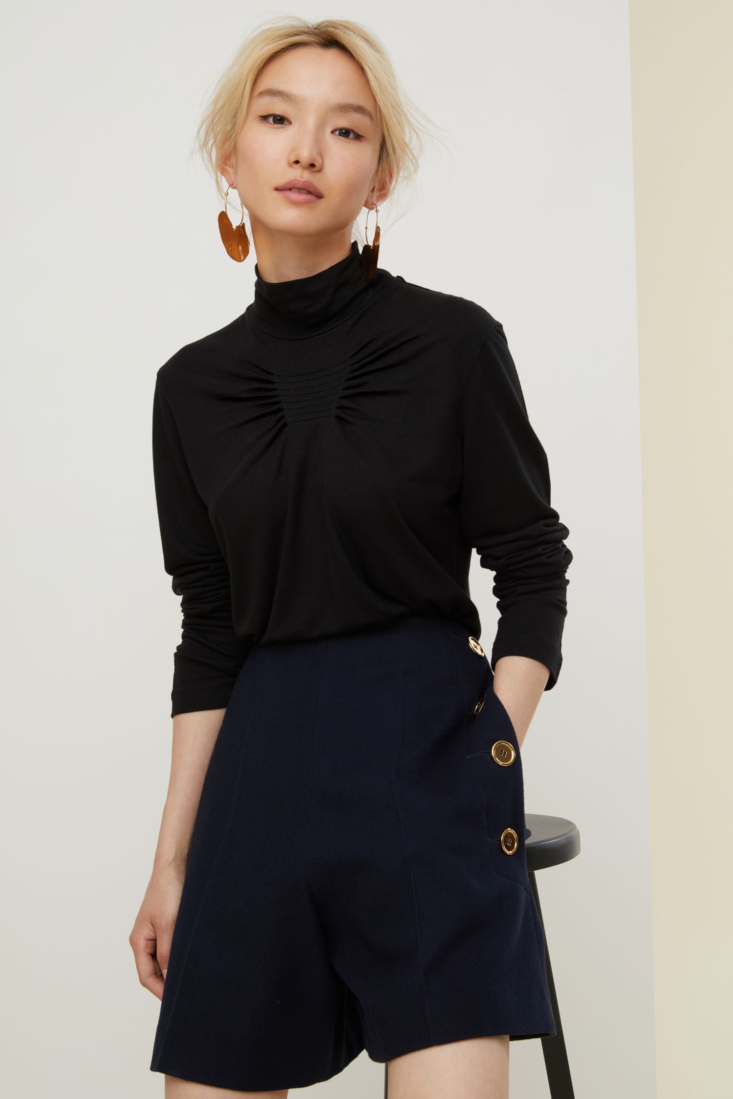 Jersey top with stand-up collar - Black