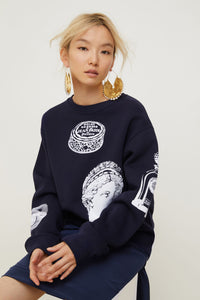 Sweatshirt oversize en coton imprimé - Bleu Marine