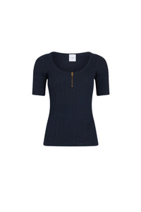 T-shirt côtelé à col rond - Bleu Marine