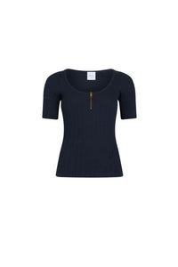 Navy Black / T-shirt à encolure arrondie en coton bio mélangé côtelé