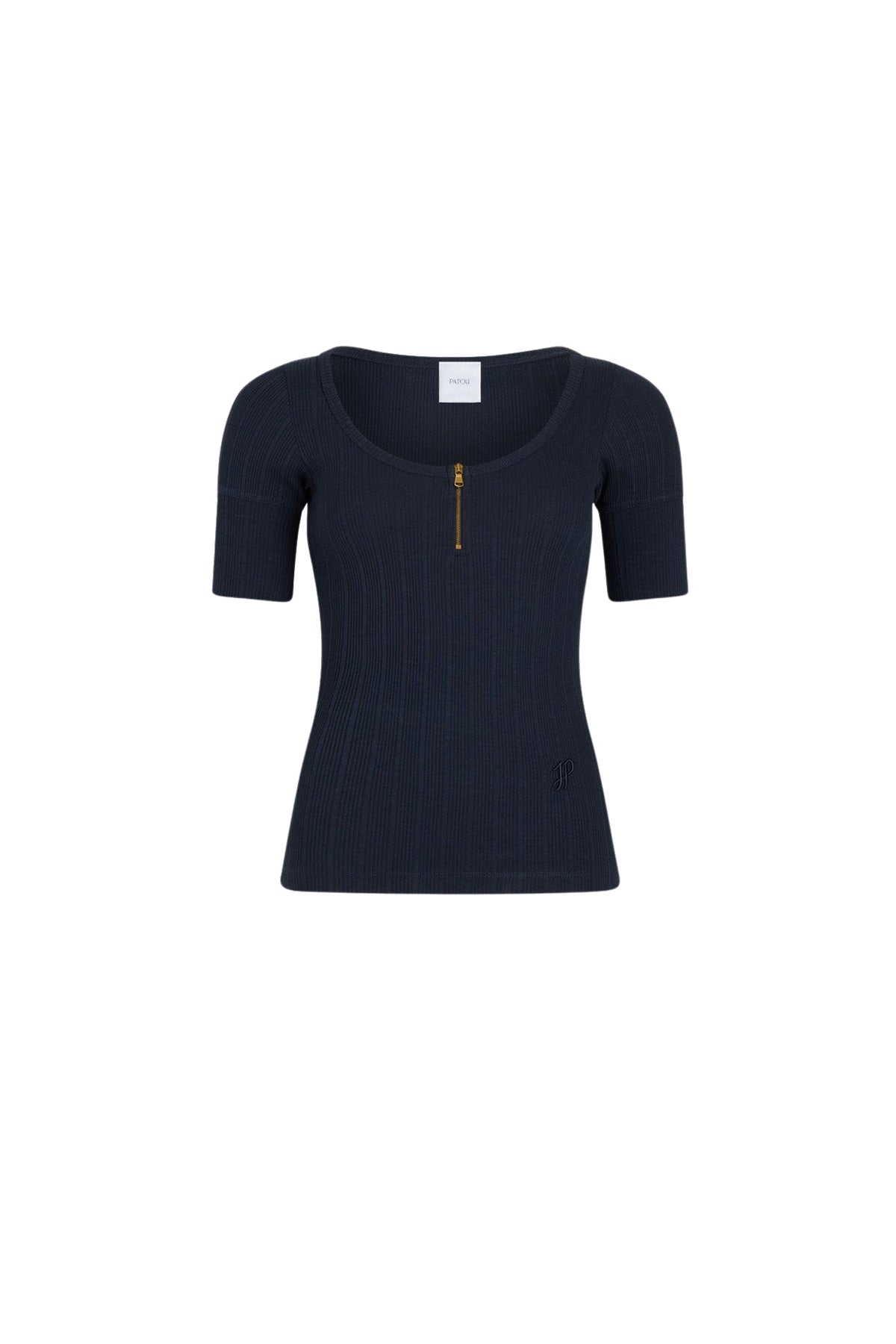 Navy Black / T-shirt à encolure arrondie en coton bio mélangé côtelé
