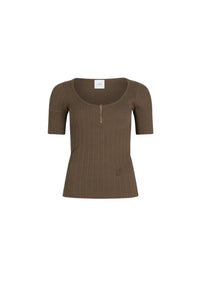 Mocha / T-shirt à encolure arrondie en coton bio mélangé côtelé