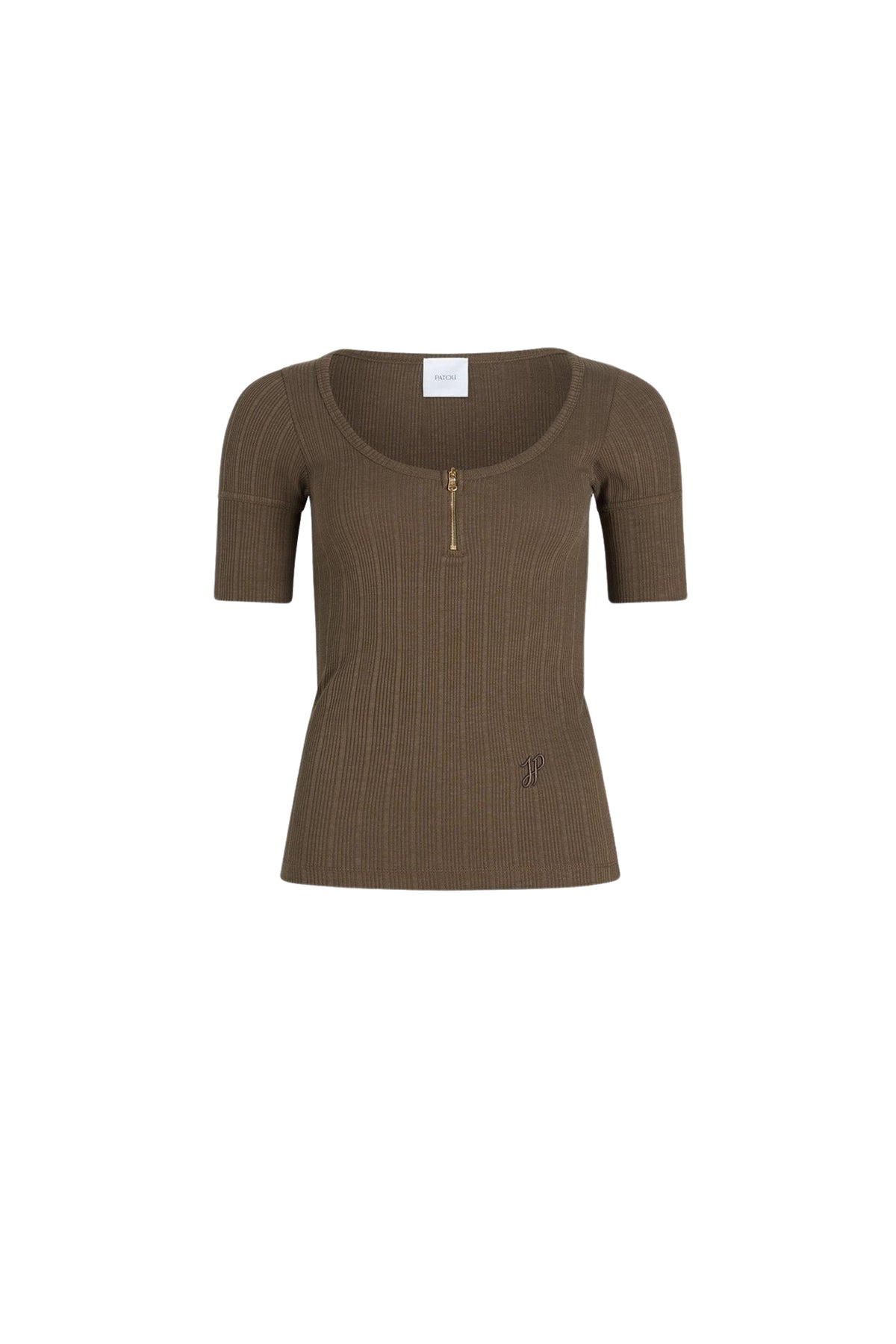 Mocha / T-shirt à encolure arrondie en coton bio mélangé côtelé