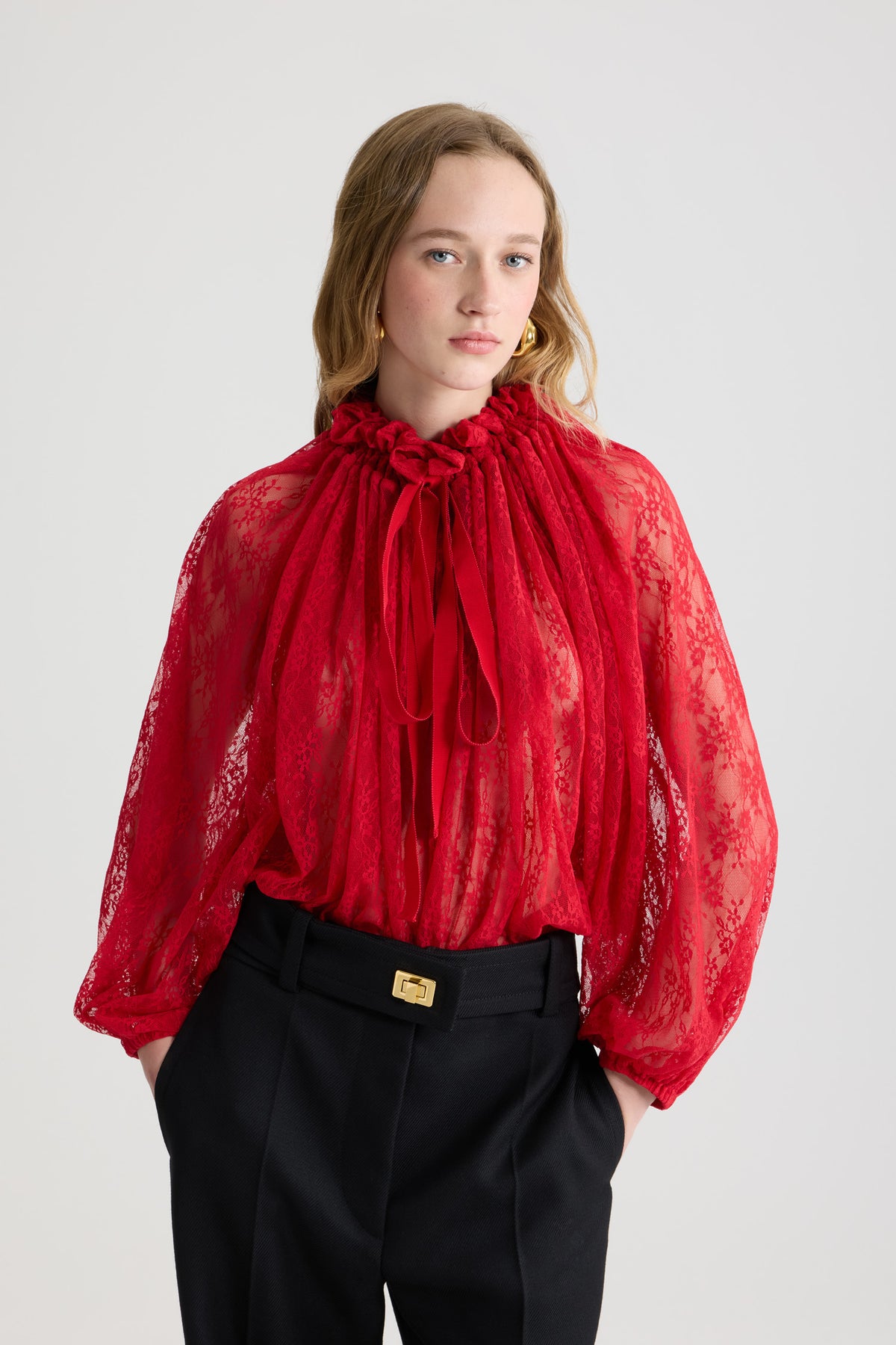 Babylone Red / Haut iconique à coulisse en jersey dentelle