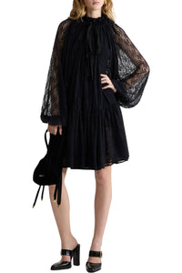 Robe courte à manches chauve-souris en dentelle - Noir