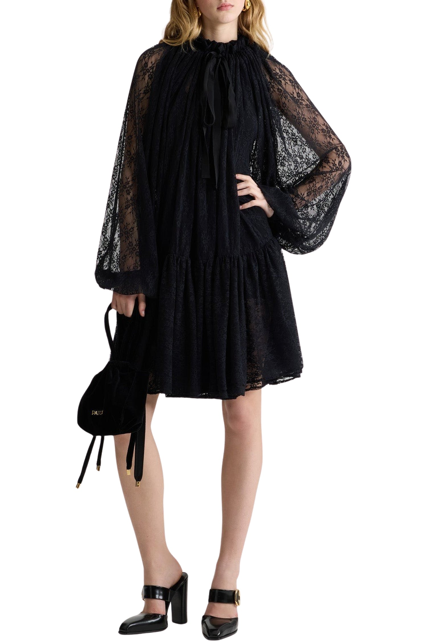 Robe courte à manches chauve-souris en dentelle - Noir