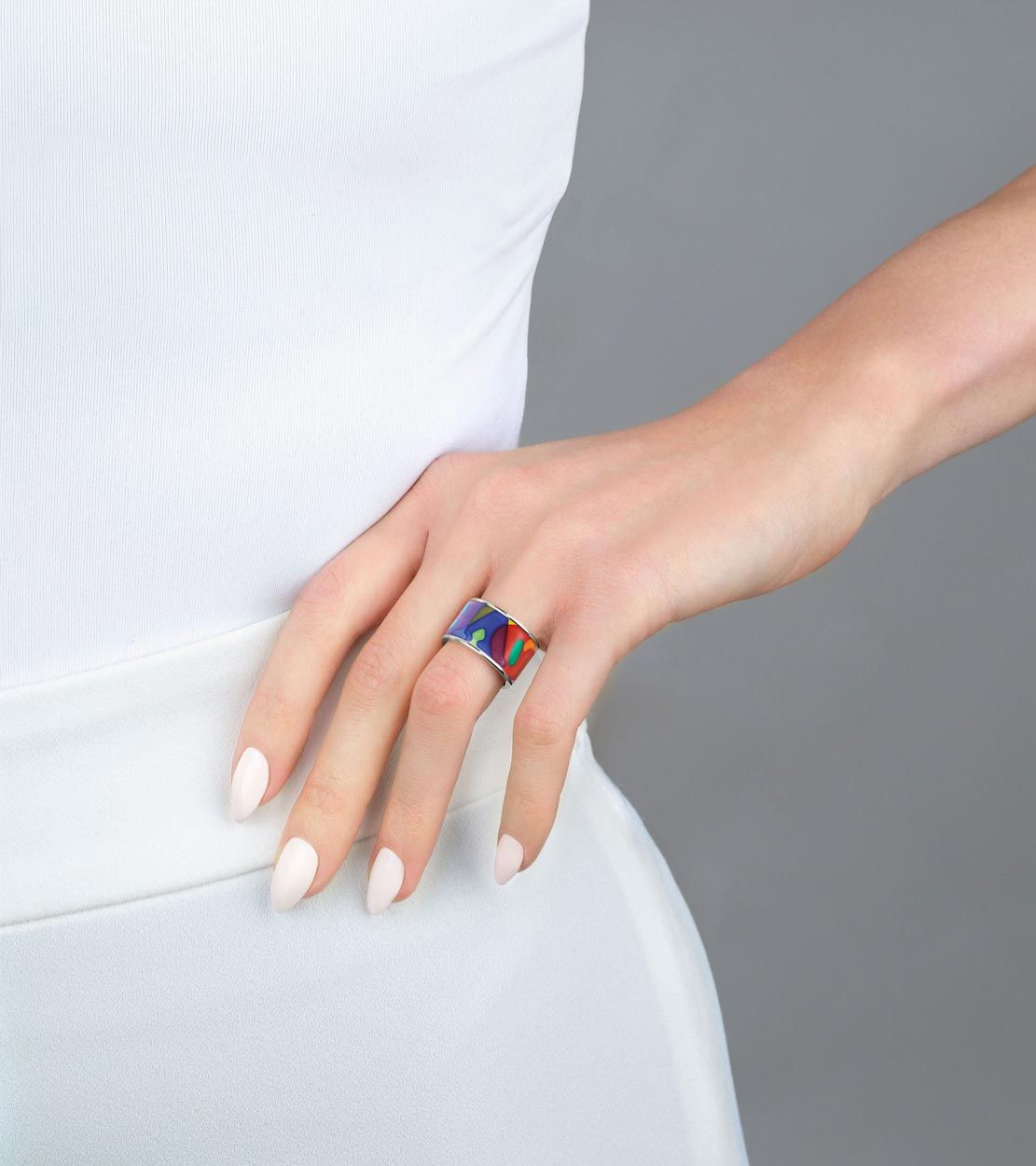 Bague Diva en émail et plaqué au rhodium - Rose & orange & bleu