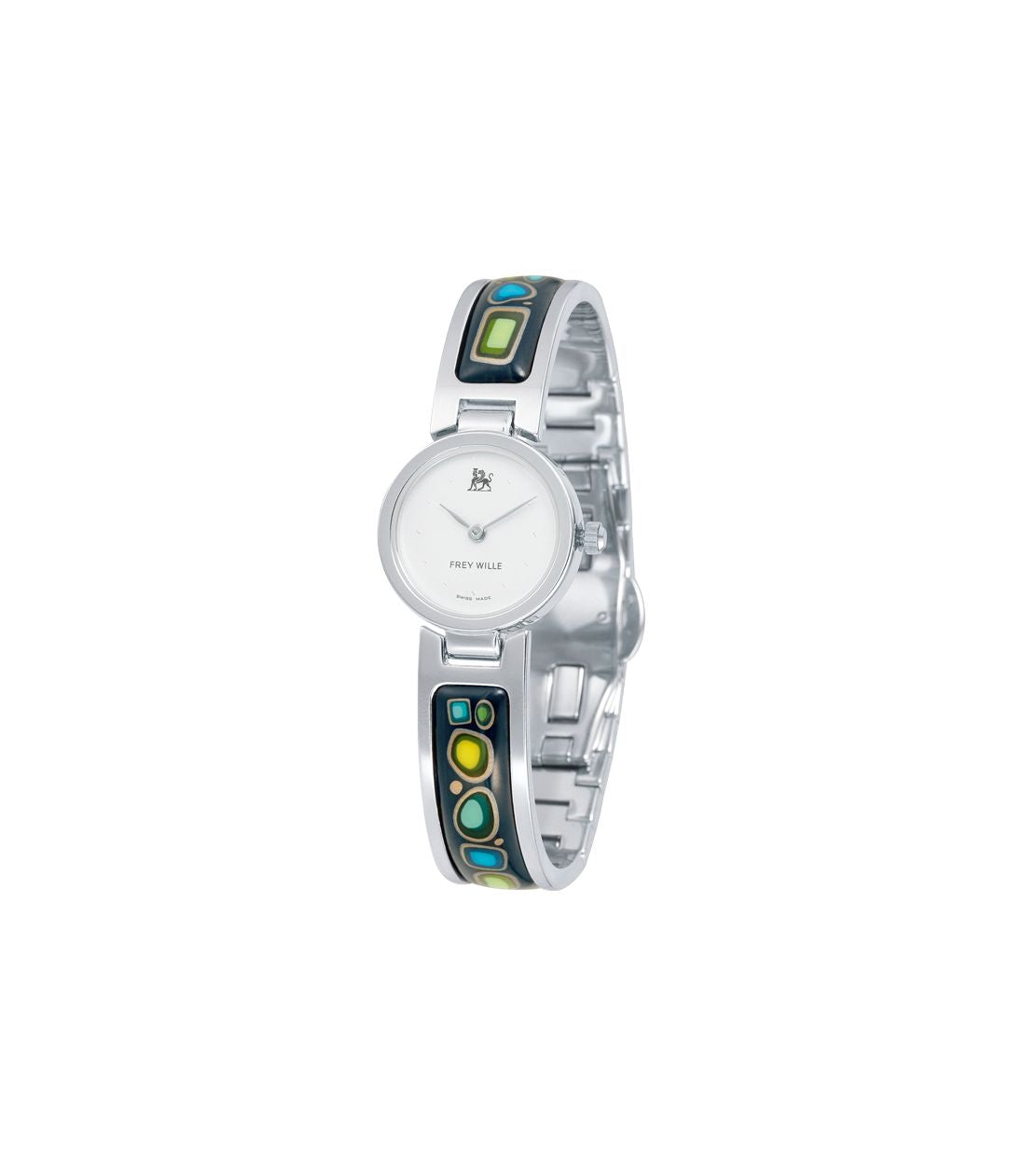 Round enamel and rhodium-plated watch - Navy blue, green & yellow
