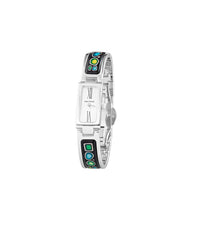 Oblong Enamel & Rhodium Plated Watch - Navy Blue, Green & Yellow