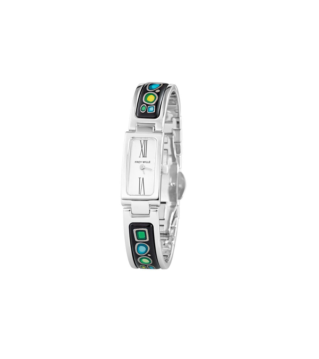Oblong Enamel & Rhodium Plated Watch - Navy Blue, Green & Yellow