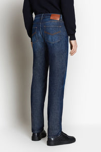Pantalon droit à surpiqûres en denim - Bleu
