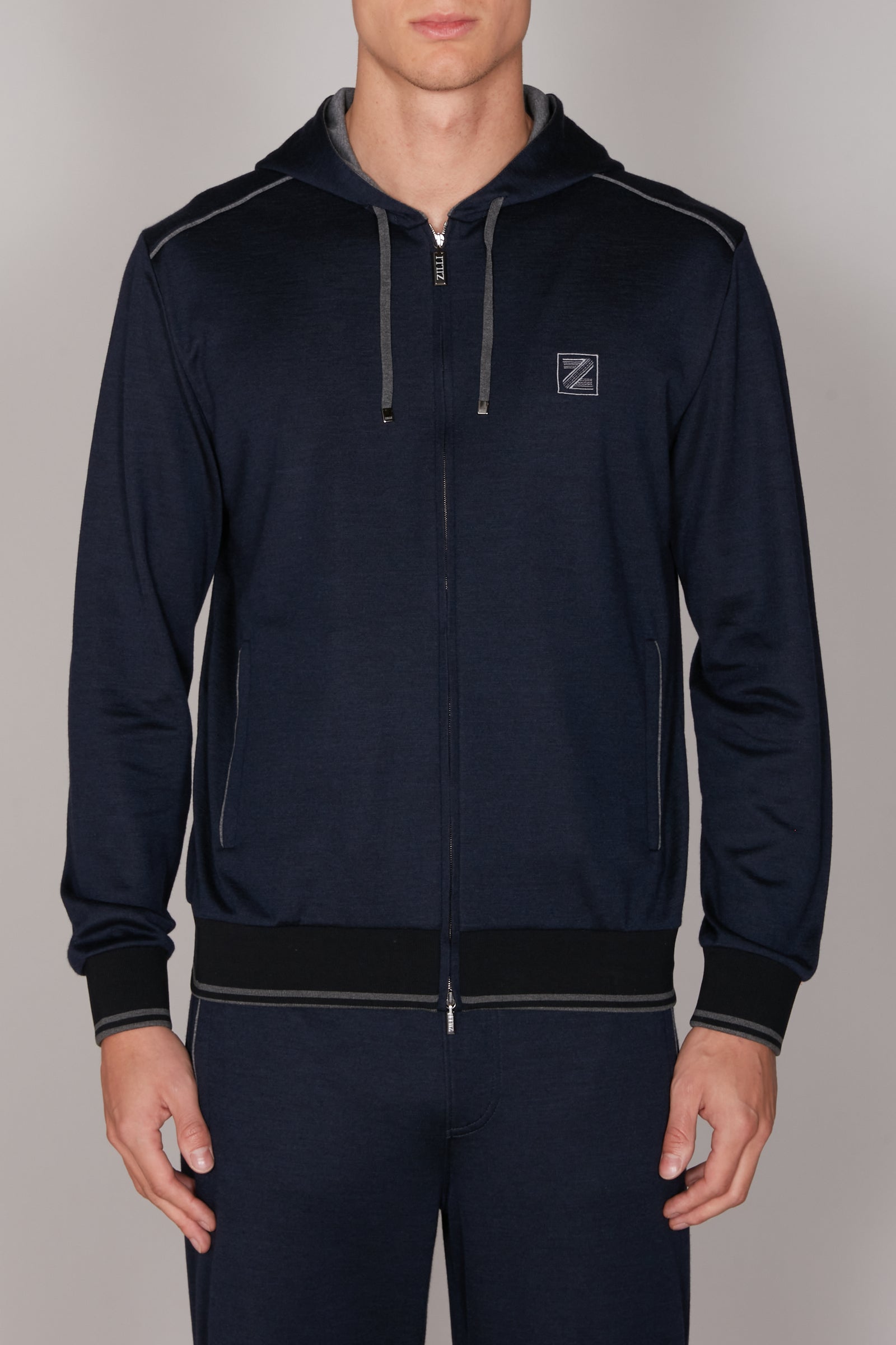 Sweat à capuche zippé en soie mélangée - Bleu