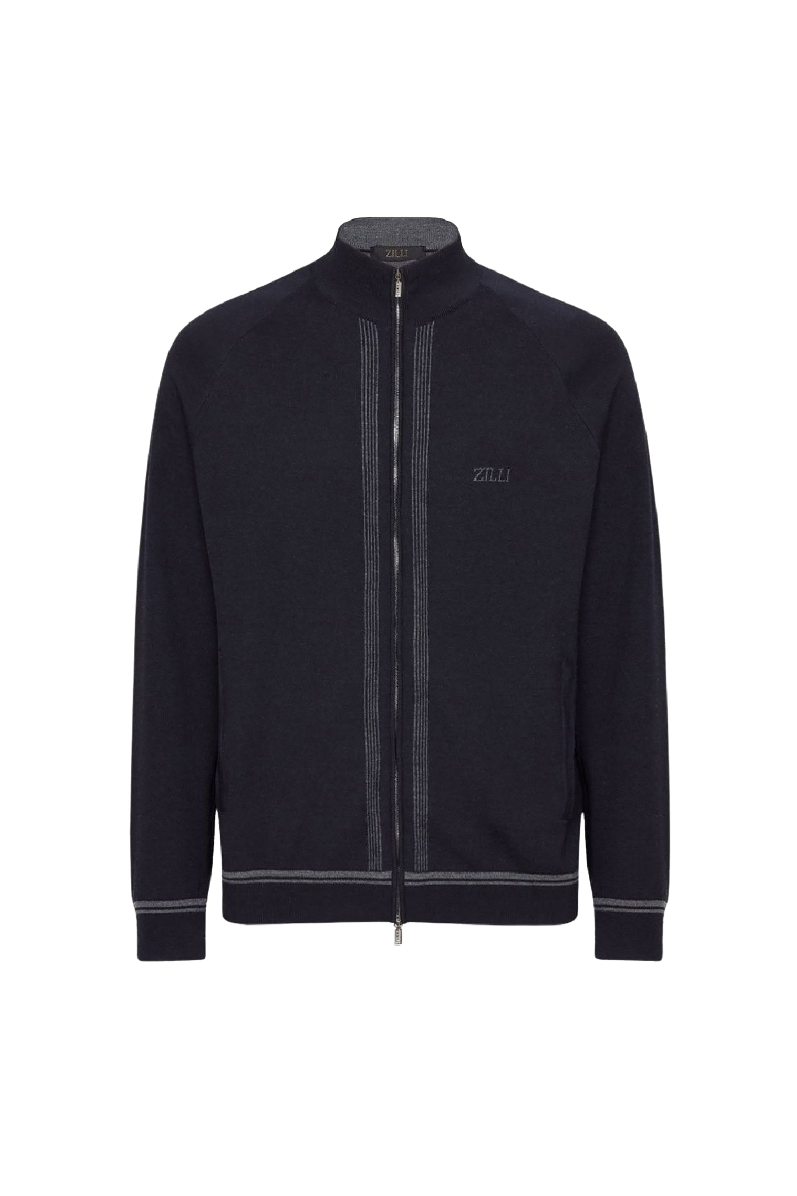 Gilet zippé brodé en laine - Bleu & Gris