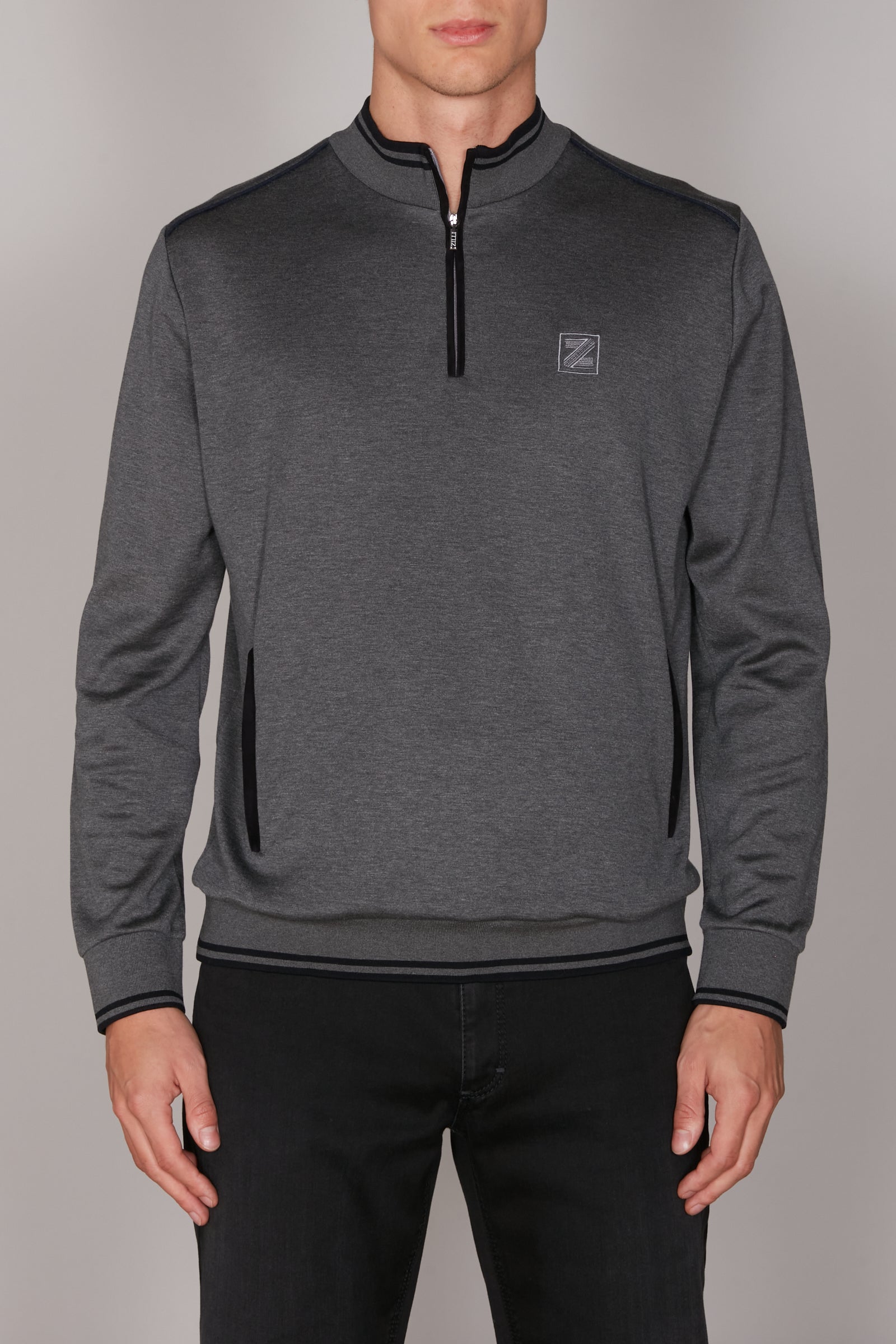 Sweatshirt à col zippé en soie mélangée - Gris & Noir