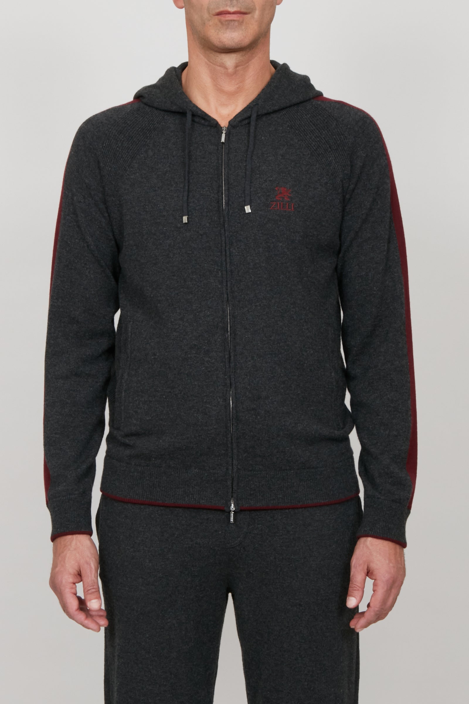 Hoodie zippé à bandes en cachemire - Gris & Bordeaux