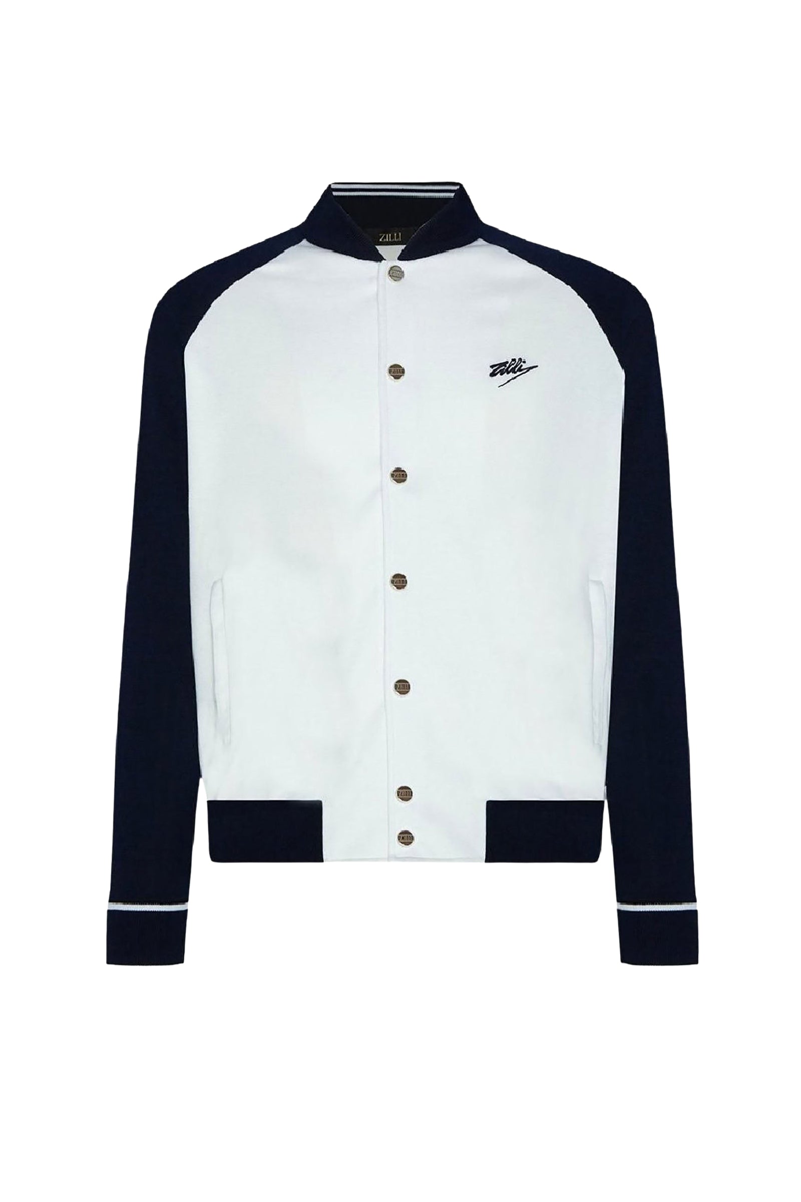 Bomber boutonné à manches raglan en soie - Blanc & Bleu soie