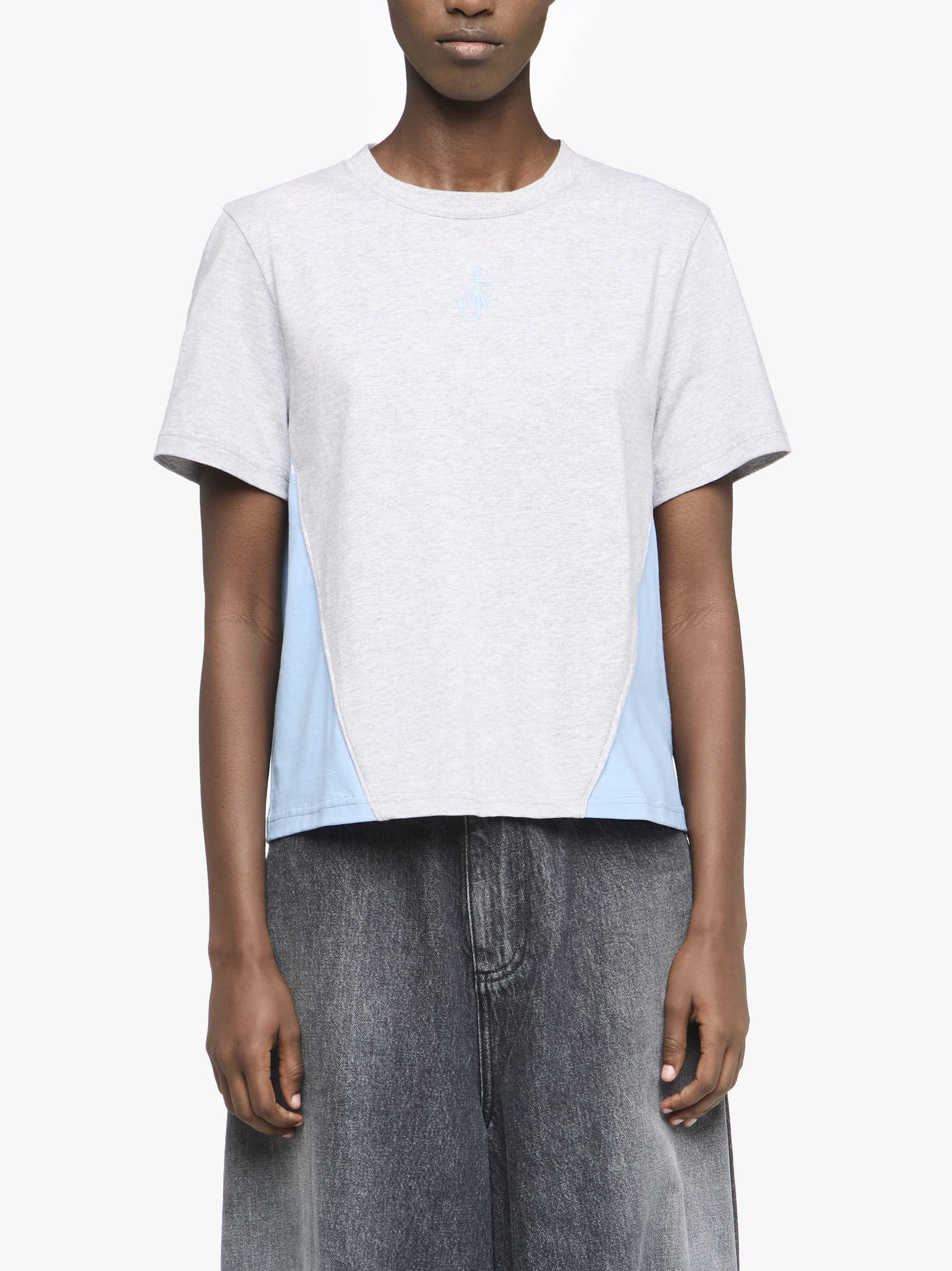 T-Shirt Court À Empiècements Et Broderie Ancres - Light Grey Melange/Sky Blue