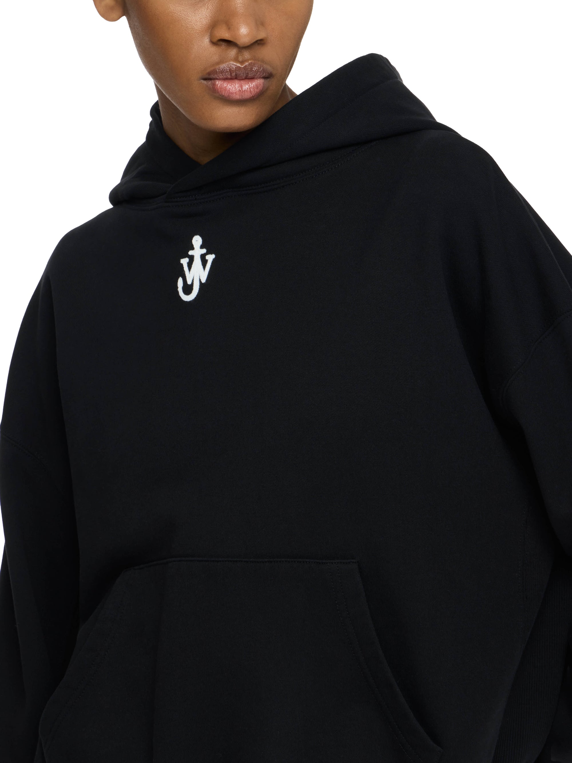 Sweat À Capuche Court Brodé D'Une Ancres - Black