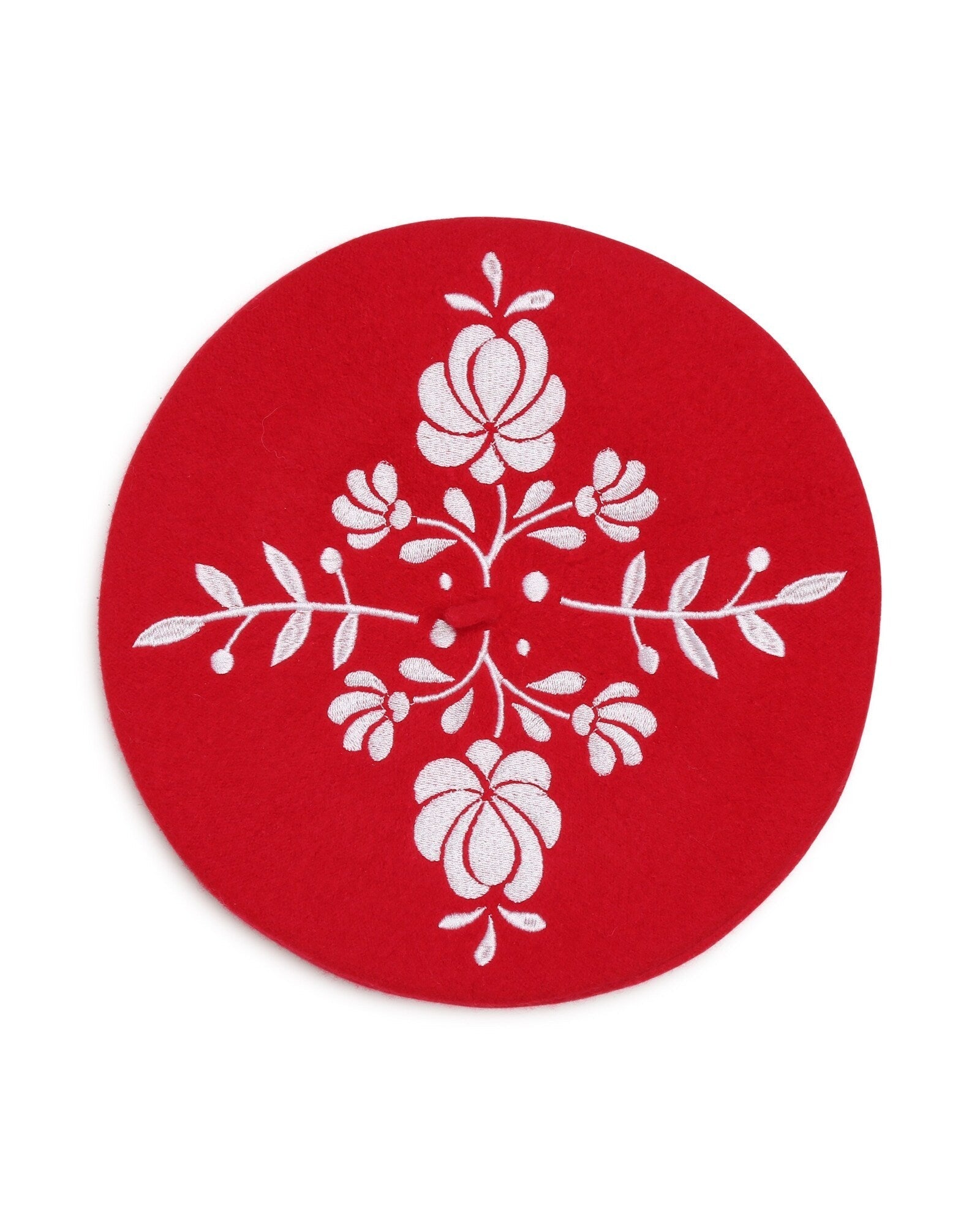Béret avec broderie en laine - Rouge Foncé